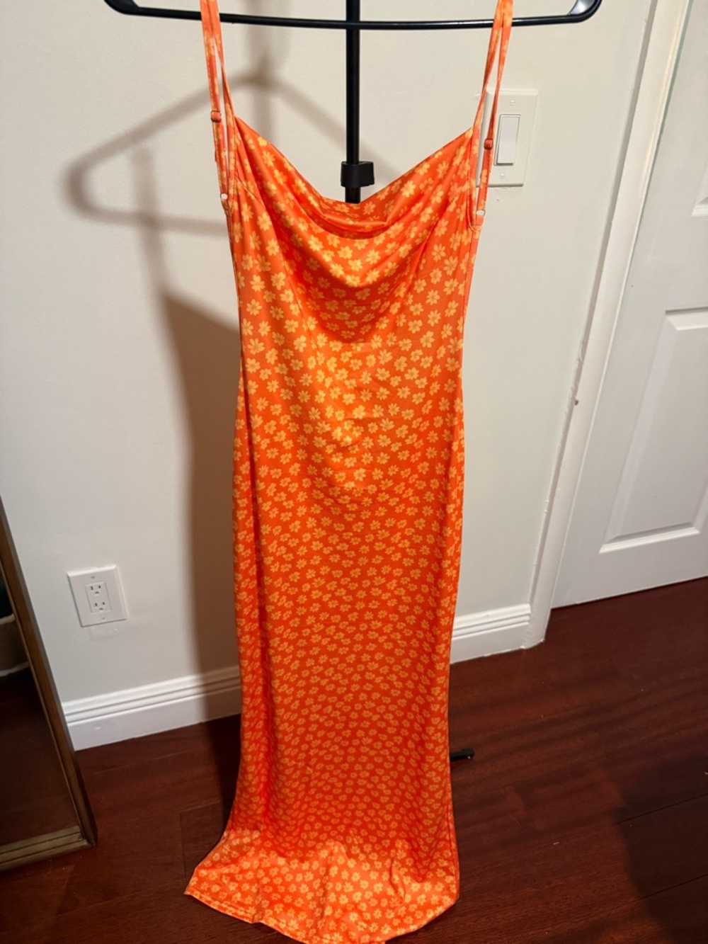 Orange Floral Slip Dress with Cowl Neck